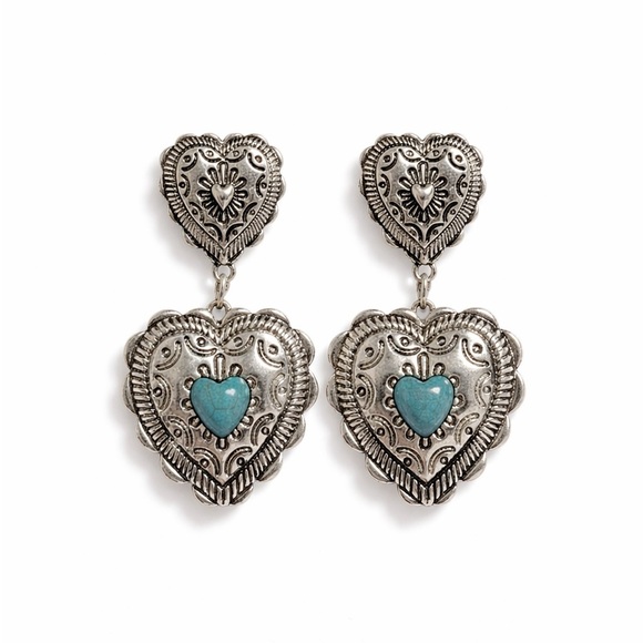 Anthropologie Jewelry - Western Silver and Turquoise Heart Drop Earrings